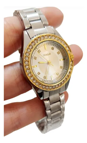 Reloj Blaque Bisel Dorado Con Strasses Malla Met lica Plata