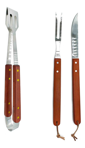 Combo Pinza + Cuchillo Y Tenedor Asador, Mango Madera 90061