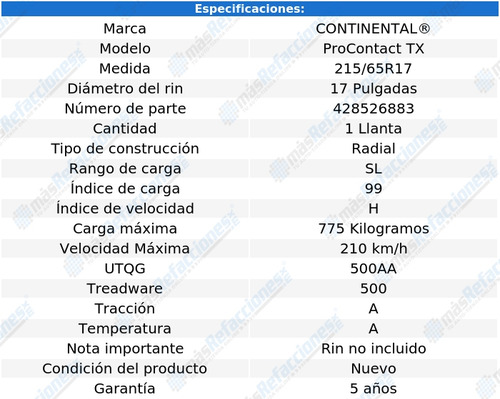Llanta 215/65 R17 Continental Procontact Tx 99h