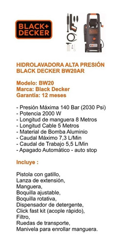 Hidrolavadora Black And Decker 2000w 140 Bar C/ruedas Bw20