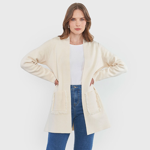 Sweater Mujer Cárdigan Flecos Ecru Corona