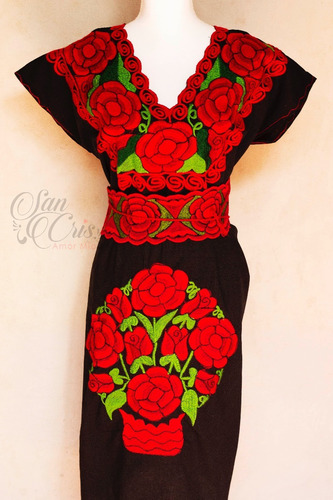 Vestido Mexicano Artesanal Bordado Chiapas 100% Algodón | Envío gratis