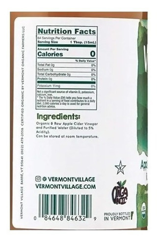Vinagre De Sidra De Manzana Organico Vermont 32 Fl Oz 946 Ml