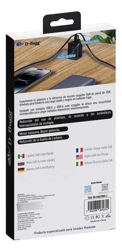 Cargador Gan 35w Carga Rápida Dos Entradas Con Cable Tipo C Negro