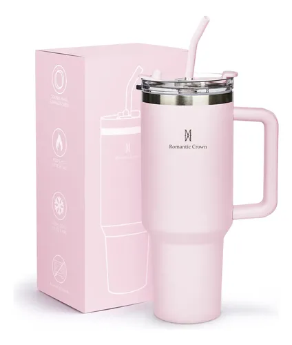Copo Térmico Gigante 1,2L Inox com tampa e canudo, rosa, Romantic Crown