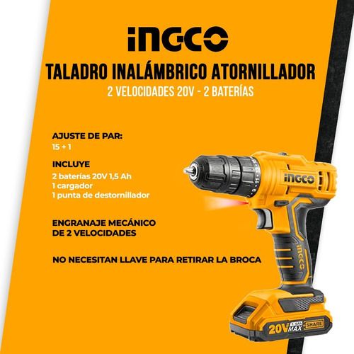 Taladro Atornillador 20 V Ingco Con 2 Baterías Torque 45 Nm Color Amarillo