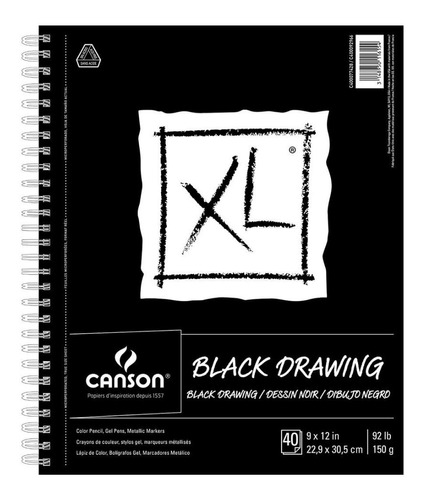 Cuaderno Argollado Canson Negro Xl 40 Hojas 15g