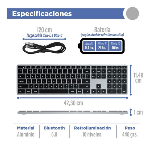 Imagen 2 de 10 de Teclado Inalámbrico Aluminio Retroiluminado / Satechi /apple
