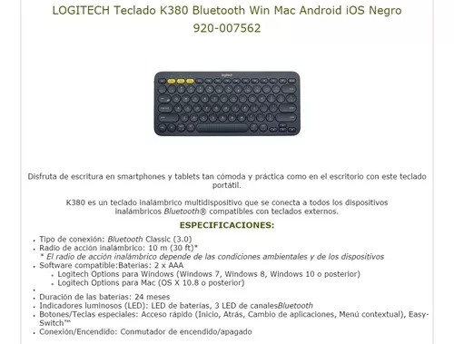 Teclado Inalámbrico Logitech K380 Bluetooth Windows Mac OS Android