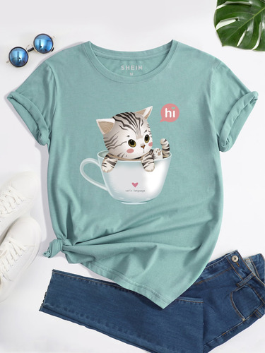 Camiseta  Estampado De Gato Y Letra