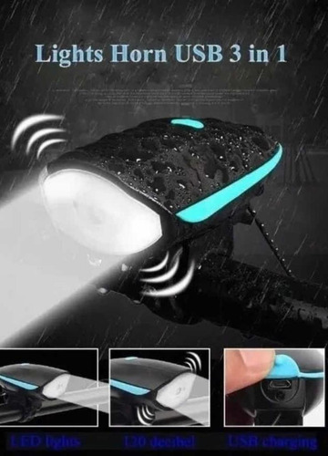 Imagen 2 de 8 de Luz Bici Delantera Led Usb Recargable 3 Funciones Con Bocina