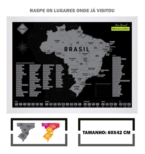 Mapa Do Brasil 60x42 Raspadinha Com Moldura Cor Prateado Cor da armação Branco