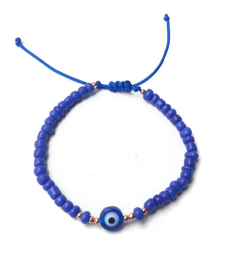 Pulsera De Hilo Ajustable Chaquiras Ojo Turco Azul Oro 14k