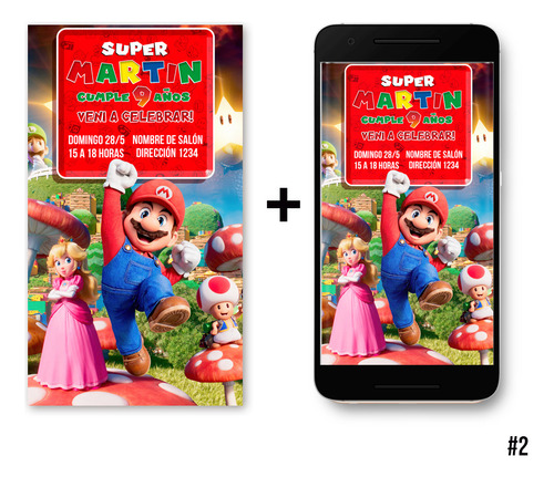 Tarjeta Invitación Cumpleaños Digital Super Mario 2 Formatos