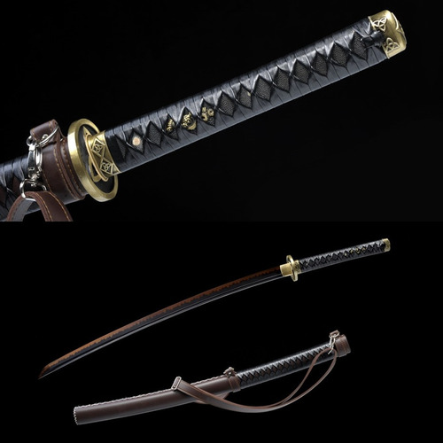 Espada Katana Lâmina Negra Forjada Aço T10 Bainha Tática