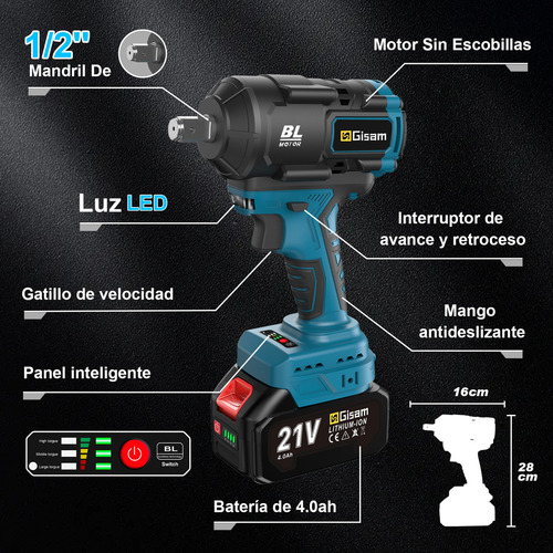 1900 Nm Llave De Impacto Inalámbrica 2 Baterías De 4ah GISAM W4118 Color Azul