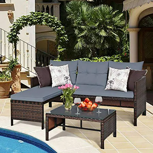 Set De Sofás Patio 3 Piezas Rattan Wicker Con Mesa Y Cojines