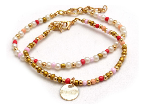 Pulsera Lucky Doble Mostacillas Perlas De Acero Dorado 