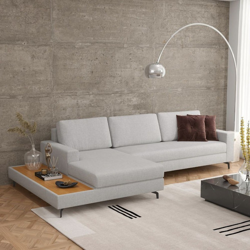 Sofá Moderno 292cm Linho Cinza Loft Chaise/deck Esquerda