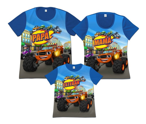 Franela Set 3 Papa Mama Hijo Blaze And The Monster Machines