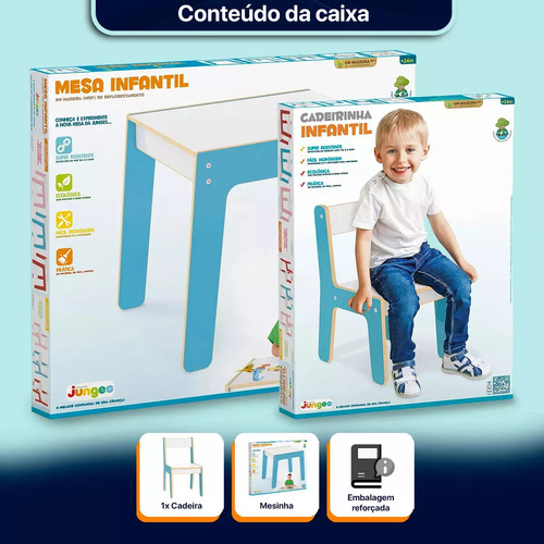 Mesa Com Cadeirinha De Madeira Resistente Para Crianças Azul