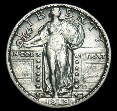 1918 S Standing Liberty Cuarto Dolar Rara Au+ Plata 25 Cent