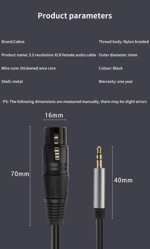 Cable Auxiliar De Audio Xlr A 3.5 Micrófono Consola 3 Metros