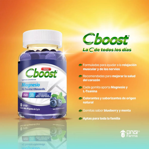 Gomitas Magnesio + L-teanina + Manzanilla 90 Piezas Sabor Blueberry Cboost