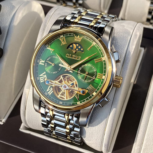 Reloj Olevs Green Automatic Mechanical Moon Phase Para Hombr