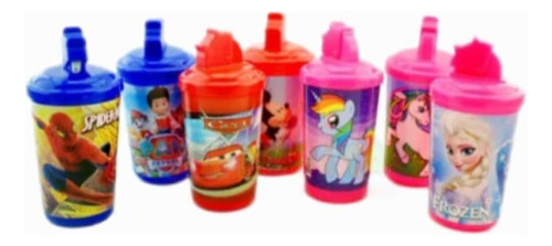 10 Vasos Plasticos Infantiles  Con Sorbete Y Tapa Por Mayor 