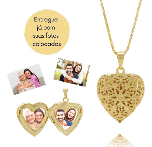 Colar Com Foto Pingente Relicário Coração Banhado A Ouro 18k Cor Dourado