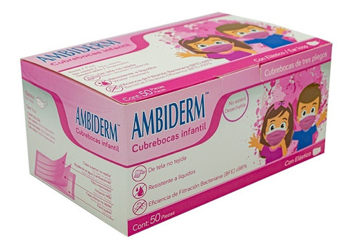 Ambiderm Cubrebocas Tricapa Plisado Caja C/50pzs Para Niños Color Rosa