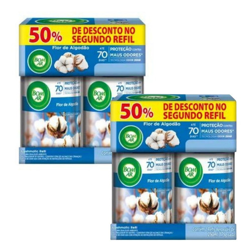 2 X Kit Refil Bom Ar Flor De Algodão Bloqueador Odor 4x250ml