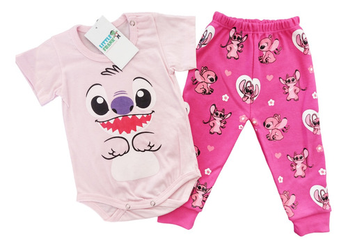 Conjunto Body Pantalon Nena Varon Bebe Stitch Rosa Personaje