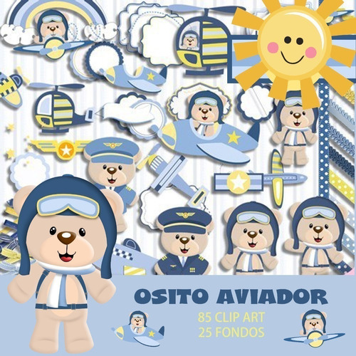 Kit Osito Aviador Azul Cliparts Png + Papeles Fondos