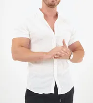 Comprar Camisa De Hombre, Manga Corta, De Lino - Cuello Mao - Blanca