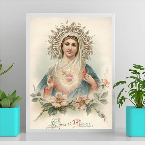 Quadro Sagrado Coração De Maria Vintage 24x18cm Branca
