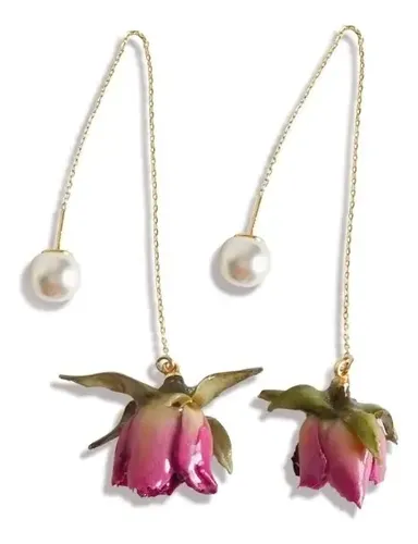 アクセサリー rose Zx Cute Sweet Red Pressed Rose Flower Long Drop Brincos | MercadoLivre