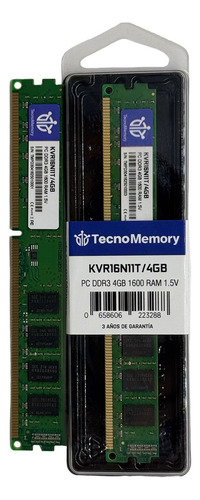 Memoria Ram Tecnomemory Pc Ddr3 4gb 1600mhz Kvr16n11t/4gb