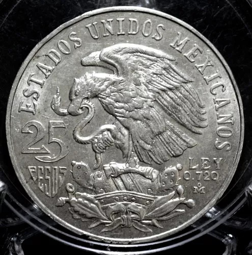 Moneda Plata De 1968 $25 Olimpiada Aro Bajo Lengua Curva 5
