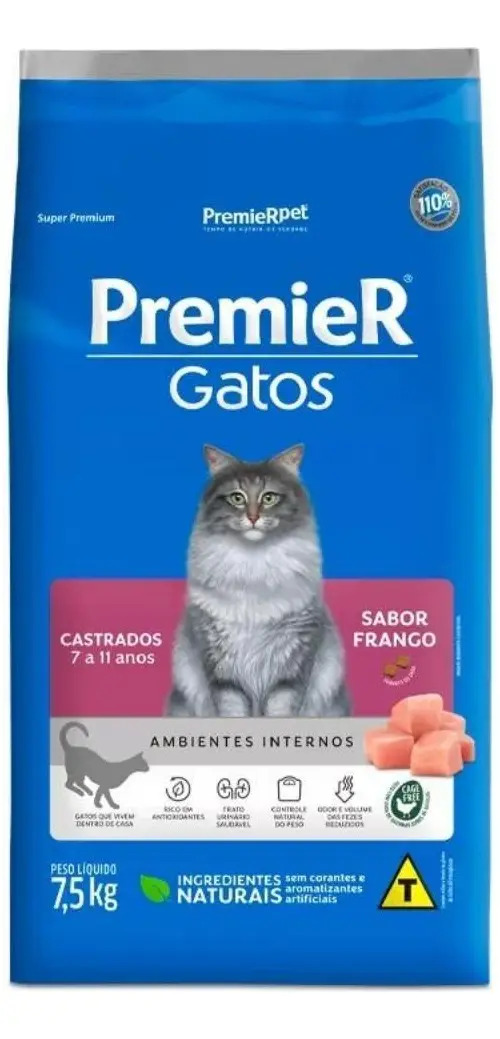 Ração Premier Gato Castrado 7 A 11 Anos Sabor Frango 7,5kg
