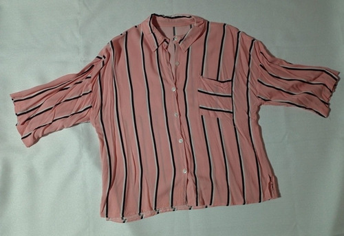 Camisa Blusa Rayada De Fibrana,color Rosa Con Negro Y Blanco