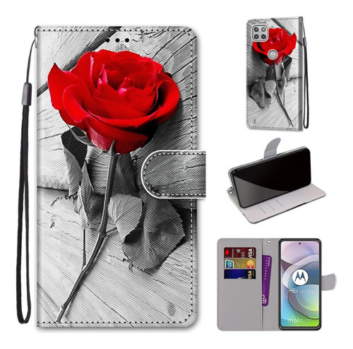 Funda De Piel Wood Red Rose Para Motorola Moto G 5g