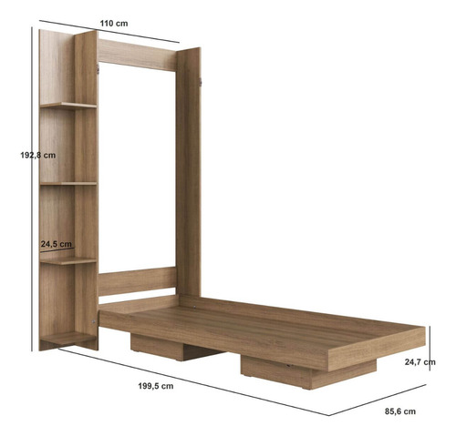 Cama Articulada Solteiro Vertical Com 4 Prateleiras E 2 Nichos Cv1085 80cm Mel - Art In Móveis