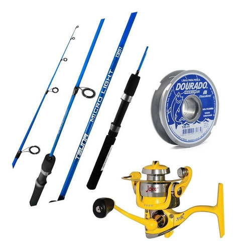 Kit Pesca Ultra Light Molinete Joker + Vara + Linha Dourado