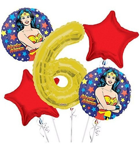 Wonder Women Balloon Bouquet 6th Birthday 5 Pcs - Artículos 