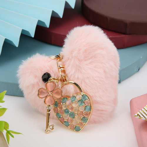 Llavero Con Forma De Corazón, Bola De Pelo Rosa, Bolsa Para