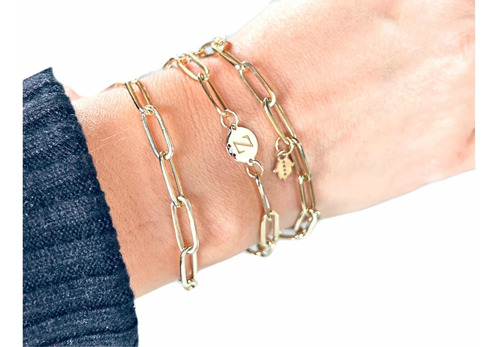 Pulsera De Eslabones Con Inicial Redonda En Oro 14k