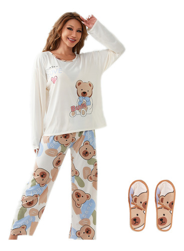 3pzs Pijamas Mujer Primavera Manga Y Pantalón Y Pantuflas