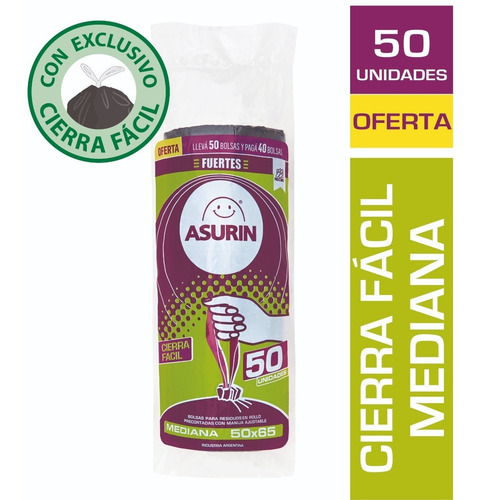 Imagen 1 de 4 de Bolsas Residuo Asurin Rollo 50x65 Mediana Negra 50 Unid